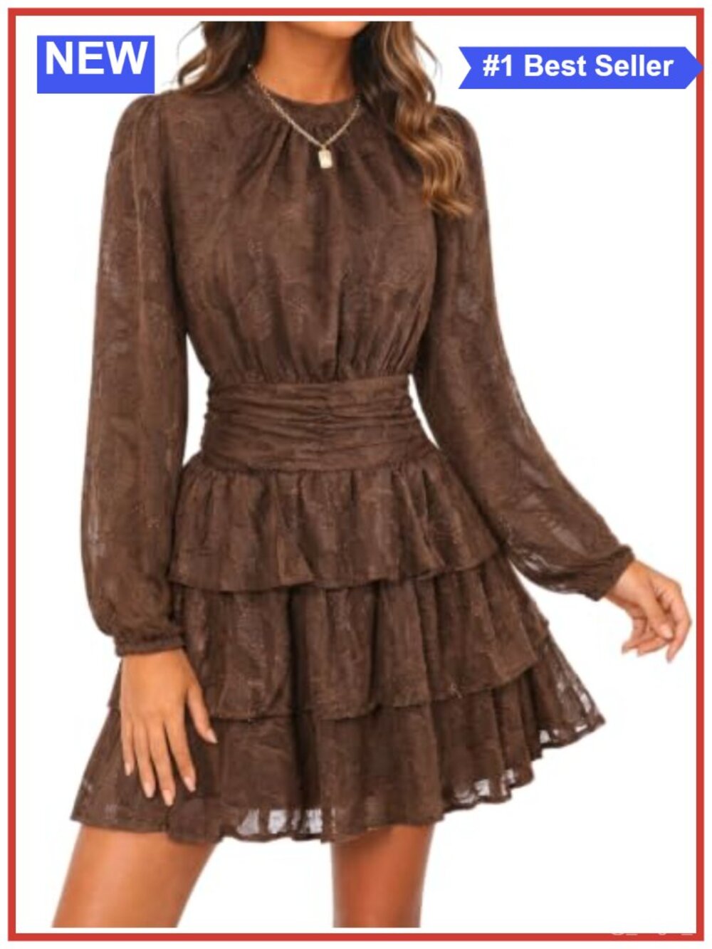 Wenrine Long Sleeve Lace Mini Dress Smocked Waist Ruffle Hem
